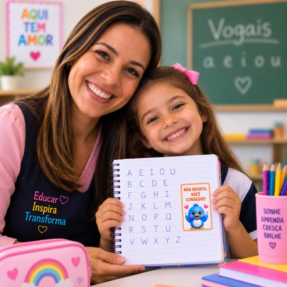 Professora e aluna sorrindo mostrando o caderno com o recadinho do passarinho: 'Não desista, você consegue!'