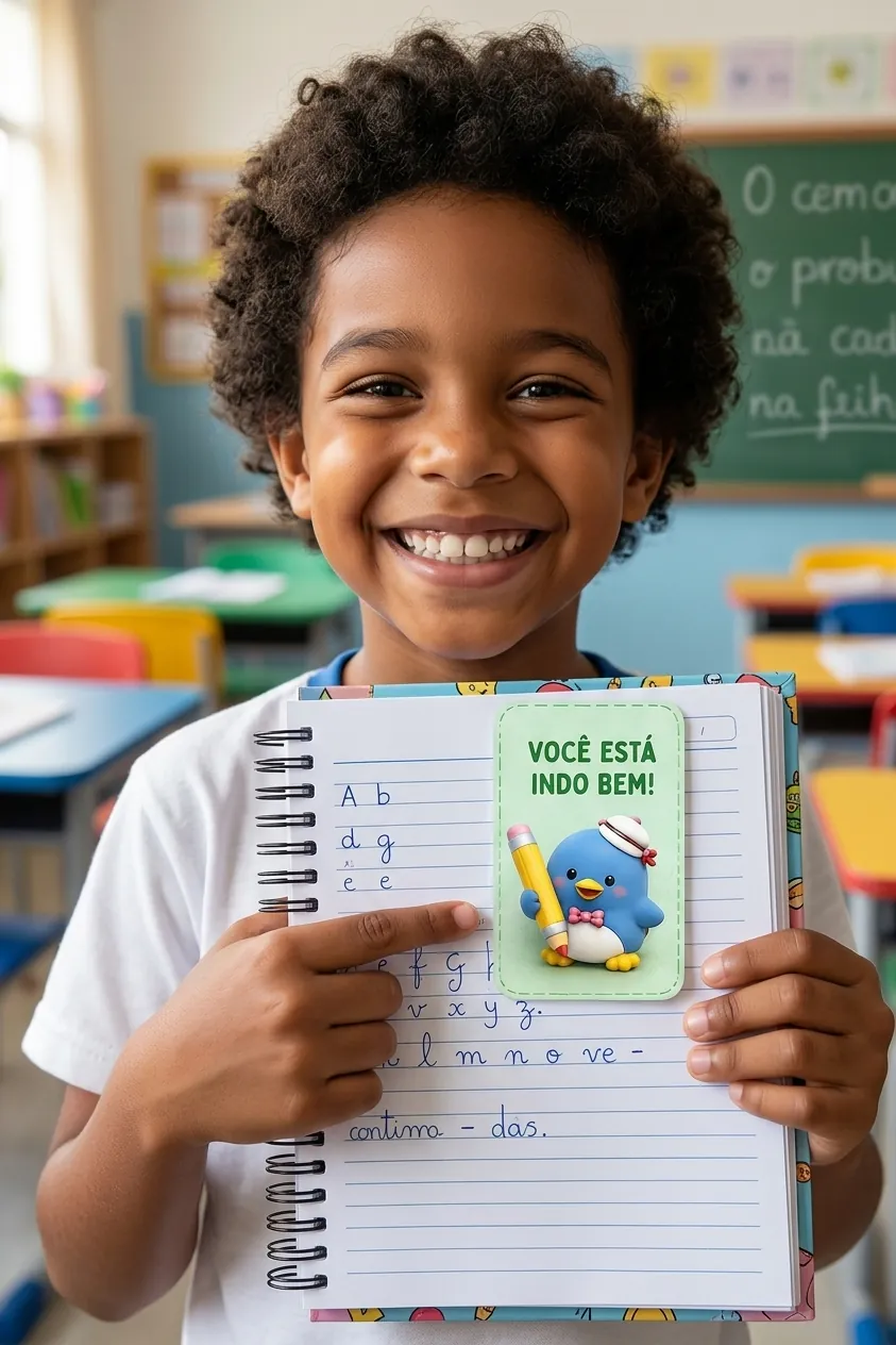 Menino sorrindo mostrando caderno com recadinho do pinguim: 'Você está indo bem!'