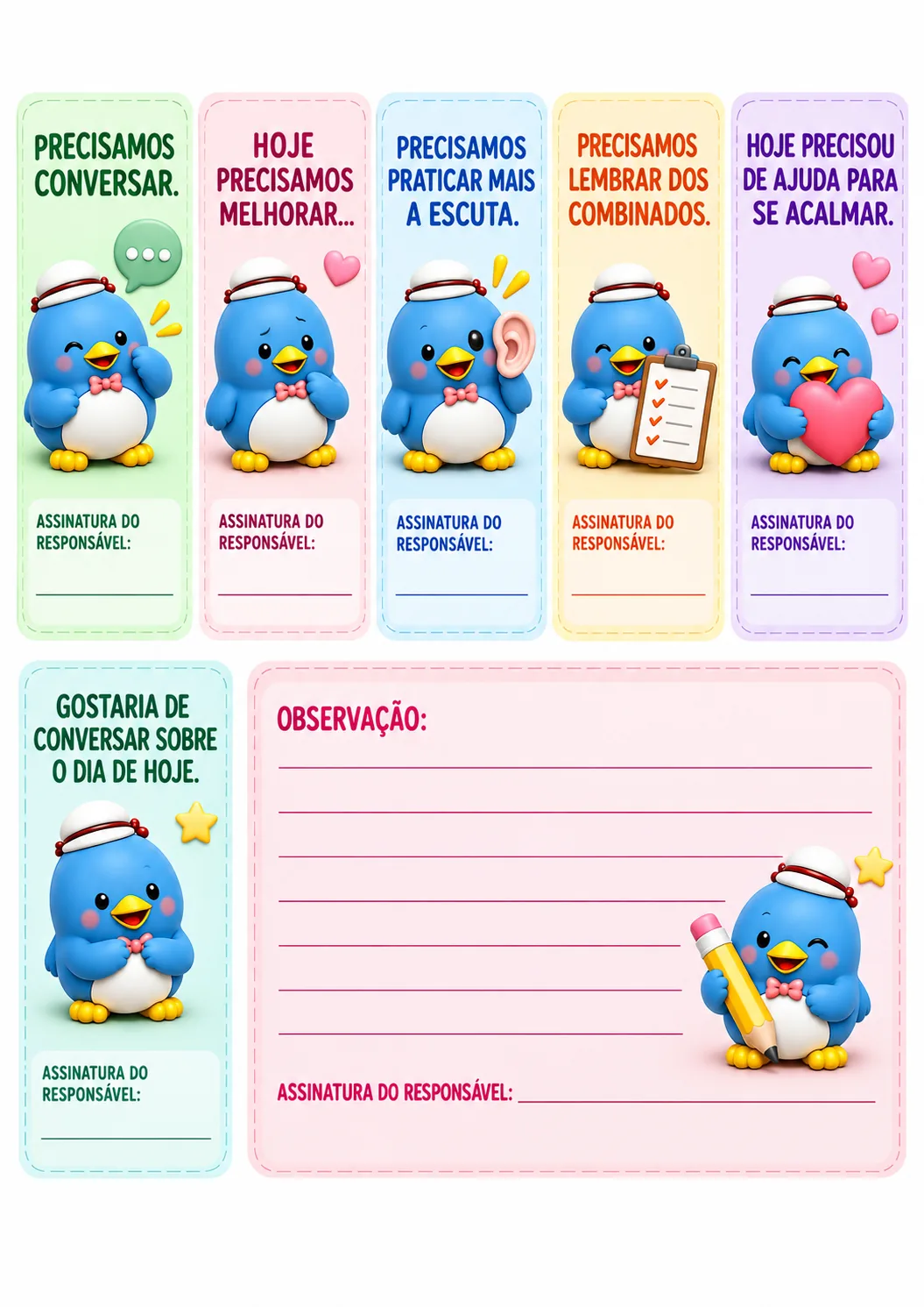 Página de amostra: Bilhetes de comportamento