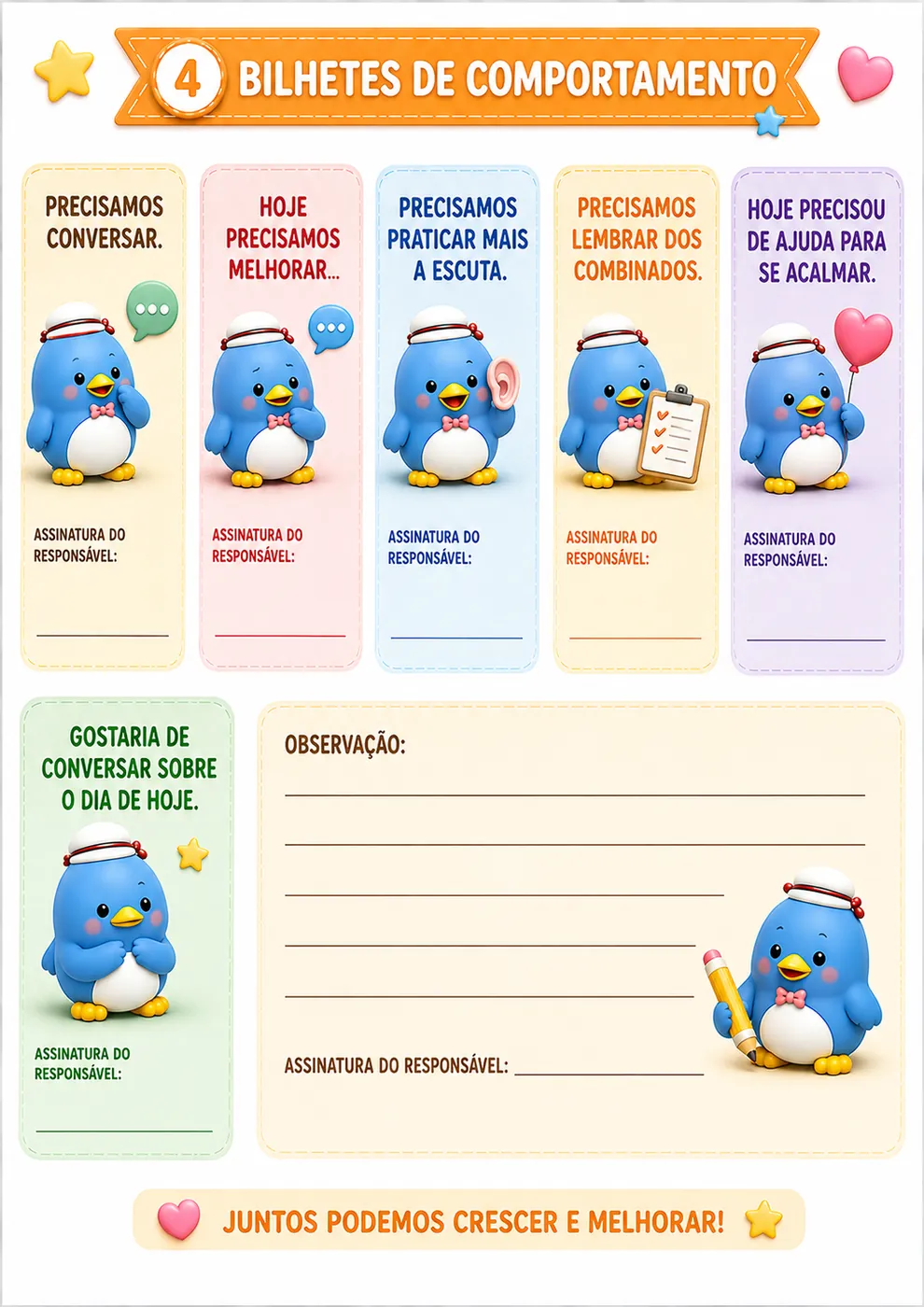 Página de amostra: Bilhetes de comportamento